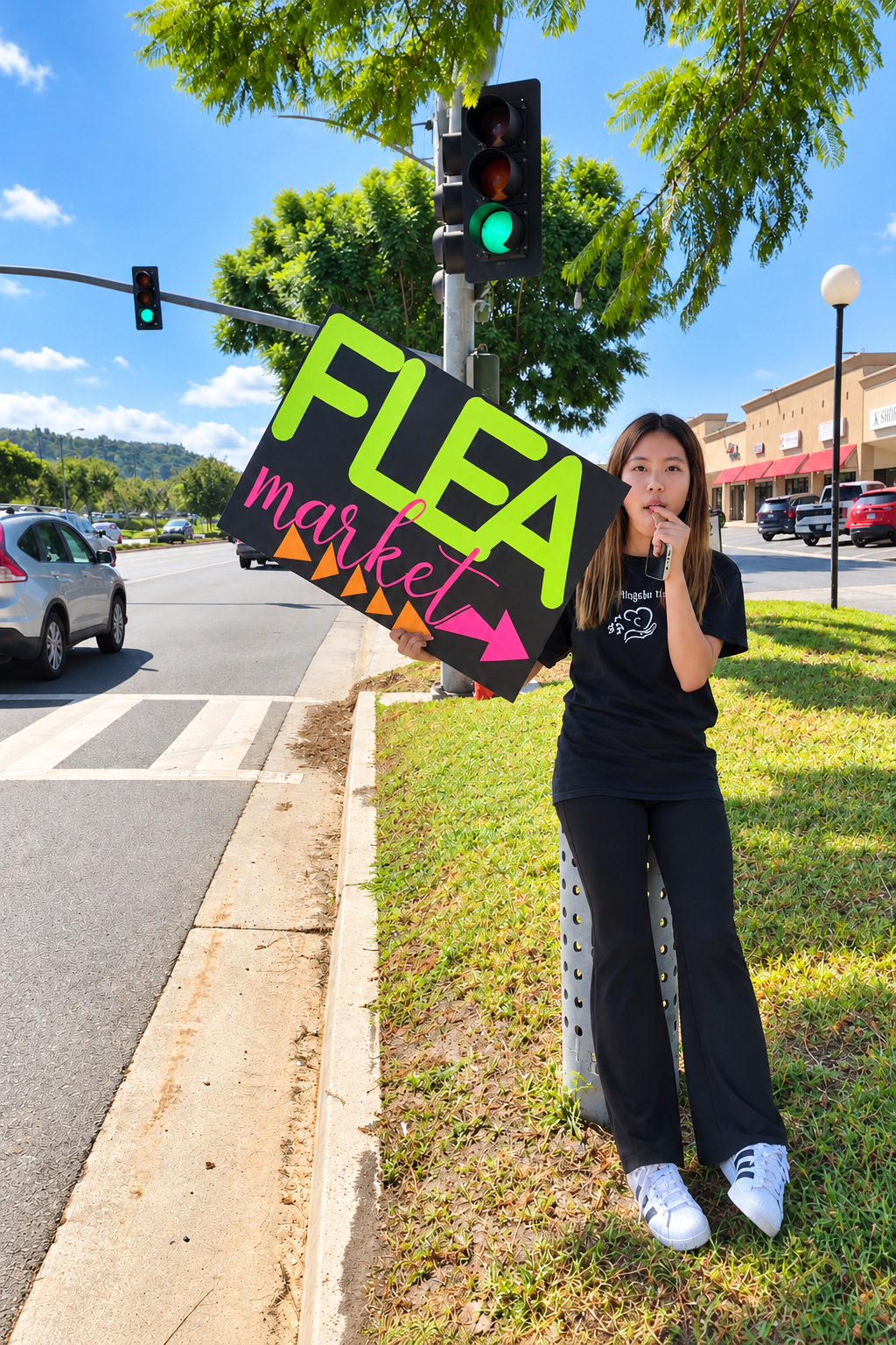 Ellen Hwang holding the FLEA market sign outdoors to promote the Music Angels Hands fundraiser